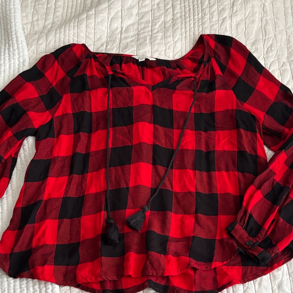 Lucky Brand Plaid Red and Black Women's blouse with Tie detail Size SP